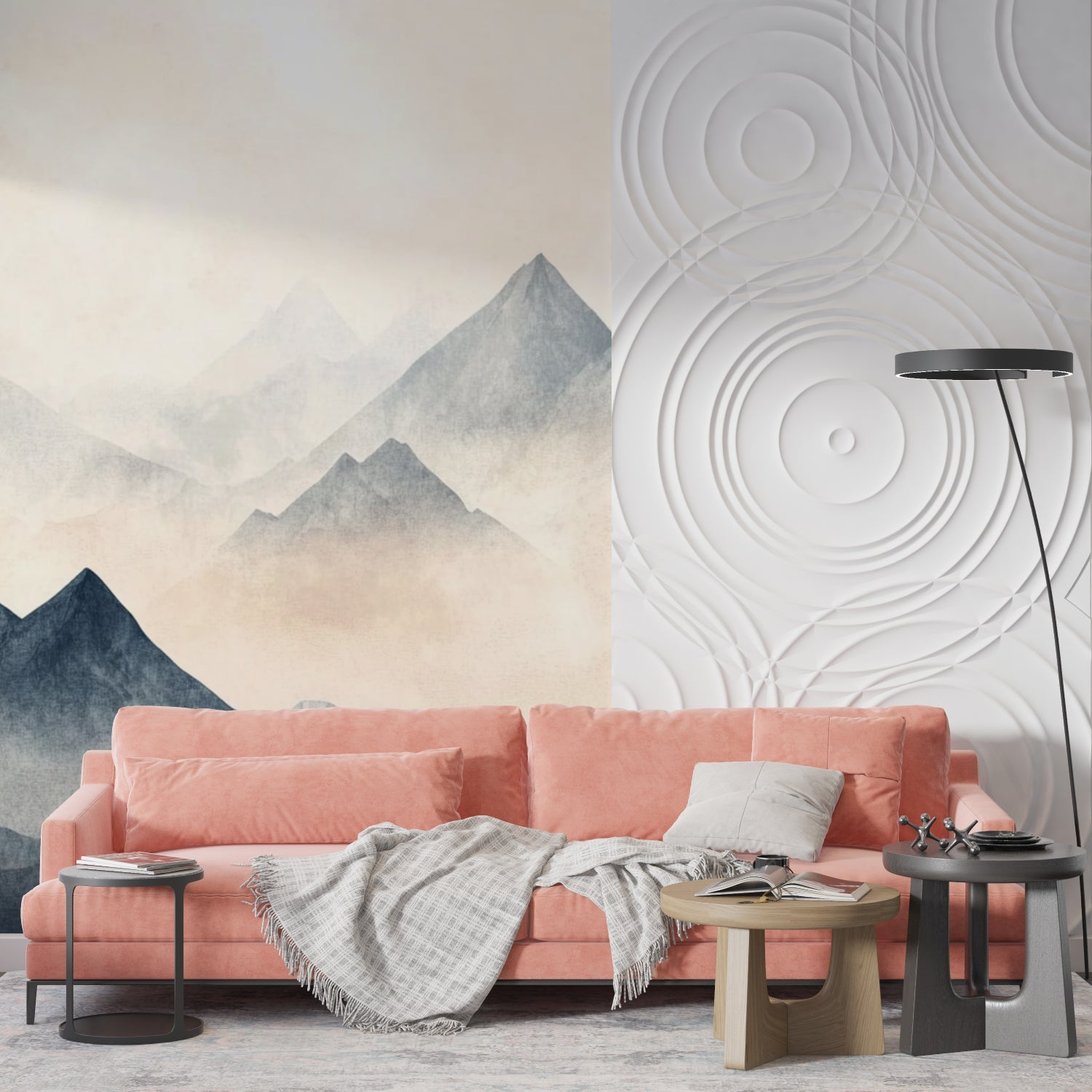 Watercolor mountain mural wallpaper styling with pink sofa and modern furniture