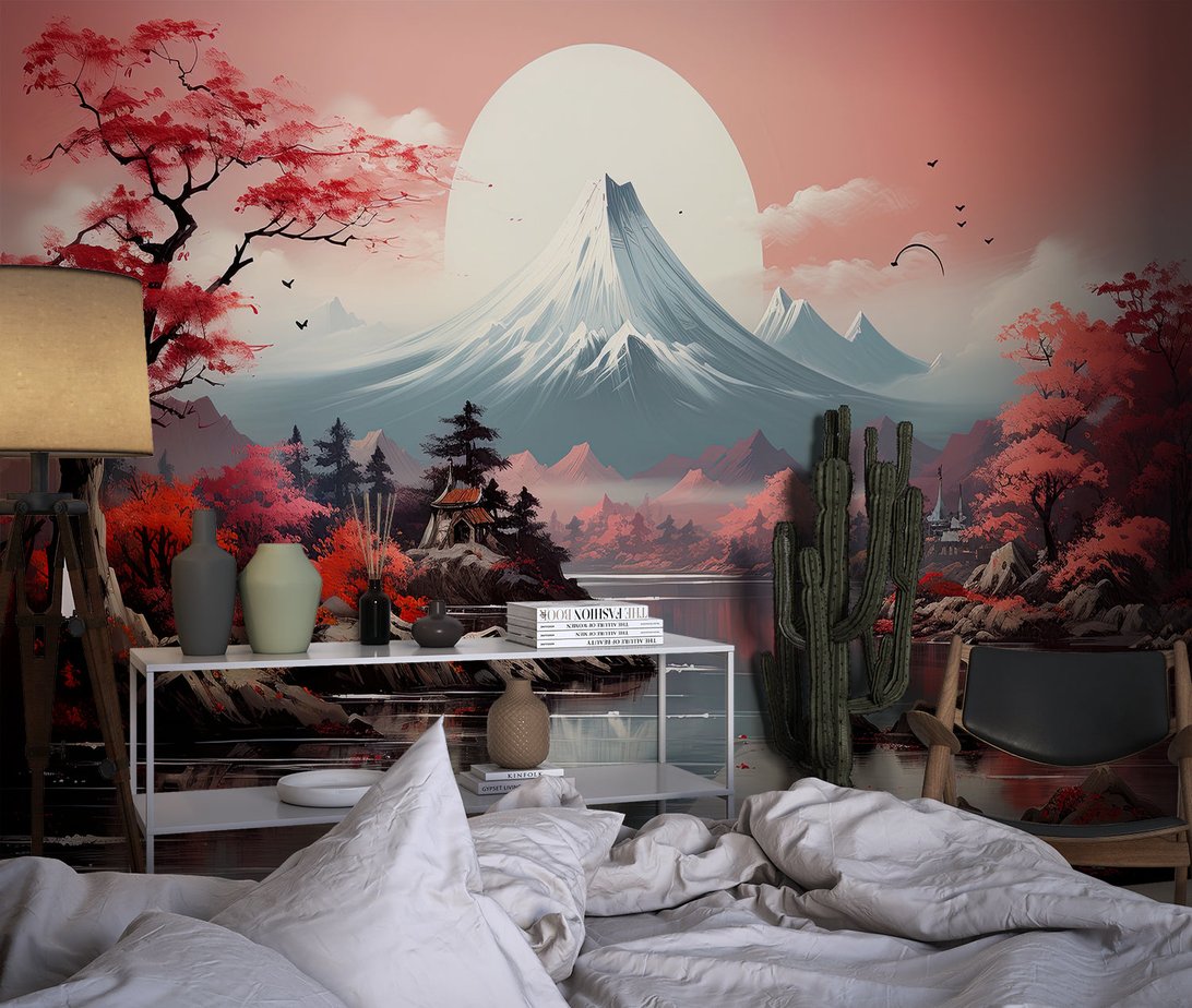 Japanese landscape mural wallpaper featuring Mount Fuji and cherry blossoms with modern decor