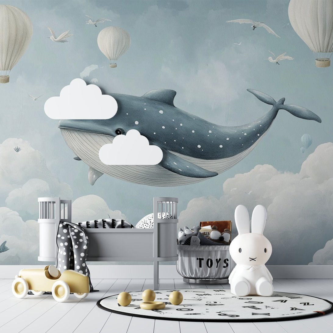 Detailed view of whale mural wallpaper design with hot air balloons and clouds