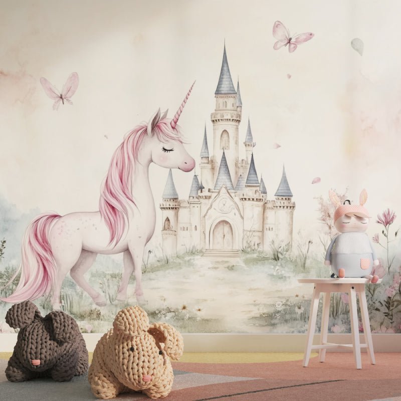 Magical unicorn mural wallpaper with fairy castle and pink butterflies in nursery setting