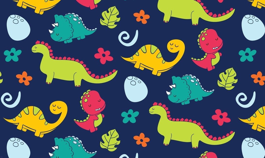 Close-up of cartoon dinosaur pattern on navy blue background mural wallpaper