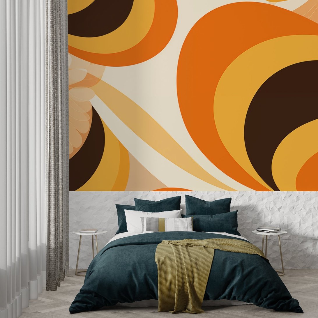 Retro circle pattern mural wallpaper detail in orange and brown tones