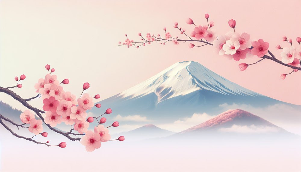 Close-up of Japanese cherry blossom and Mount Fuji mural wallpaper design showing delicate pink sakura flowers