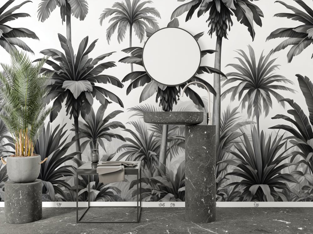 Monochrome tropical palm wallpaper with contemporary marble furniture setting