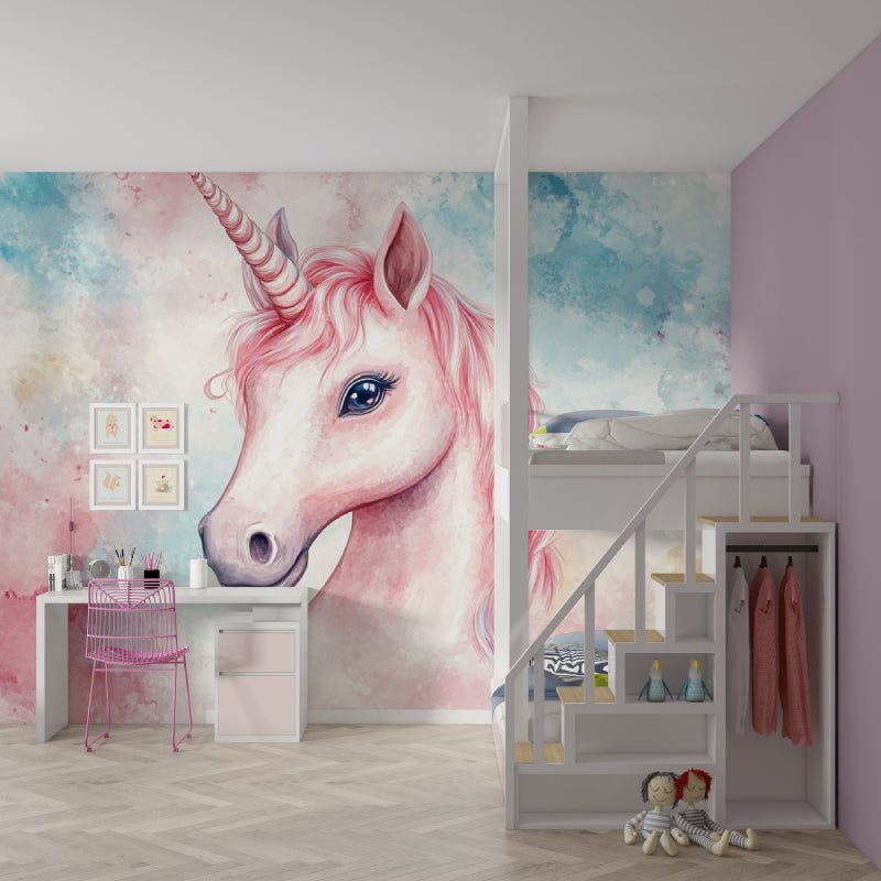 Unicorn mural wallpaper in a children's bedroom with loft bed and study area