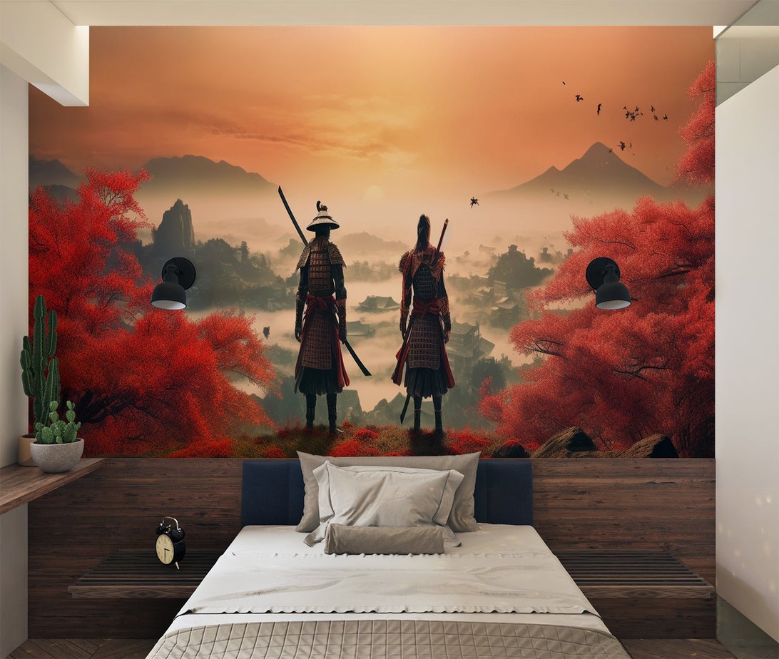 Red maple forest and warriors wallpaper mural in bedroom decor