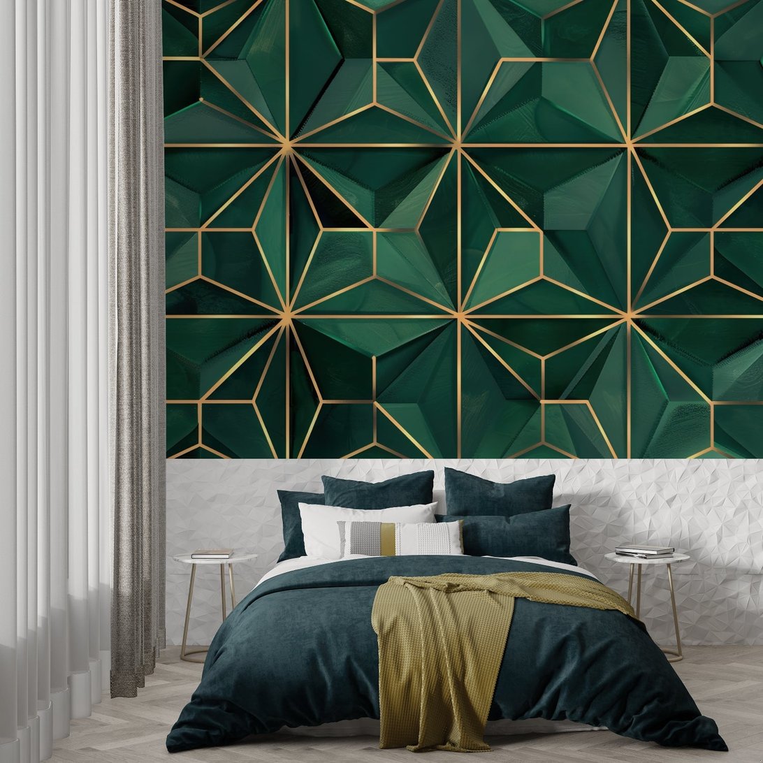 Close-up detail of emerald green and gold geometric art deco wallpaper pattern