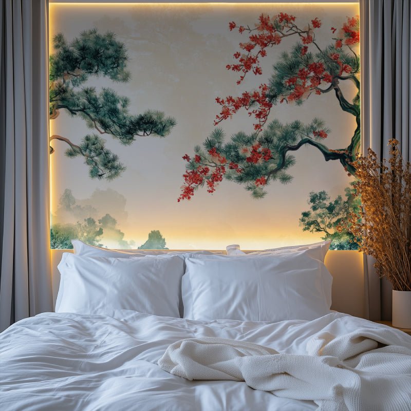 Japanese cherry blossom and pine tree mural wallpaper in bedroom with ambient lighting