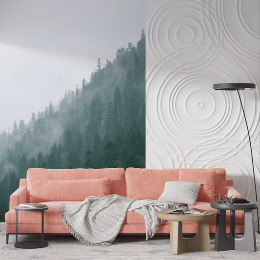 Misty pine forest mural wallpaper in living room with pink sofa and modern furniture