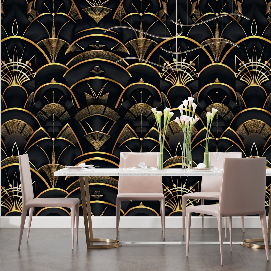 Art Deco fan pattern mural wallpaper detail in black and gold