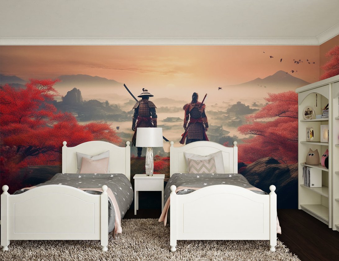 Japanese samurai mural wallpaper in children's bedroom with twin beds