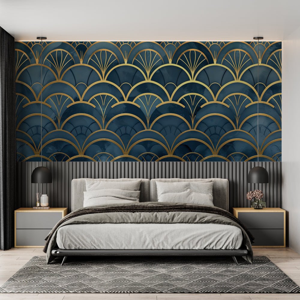 Close-up of golden geometric fan pattern on deep blue wallpaper