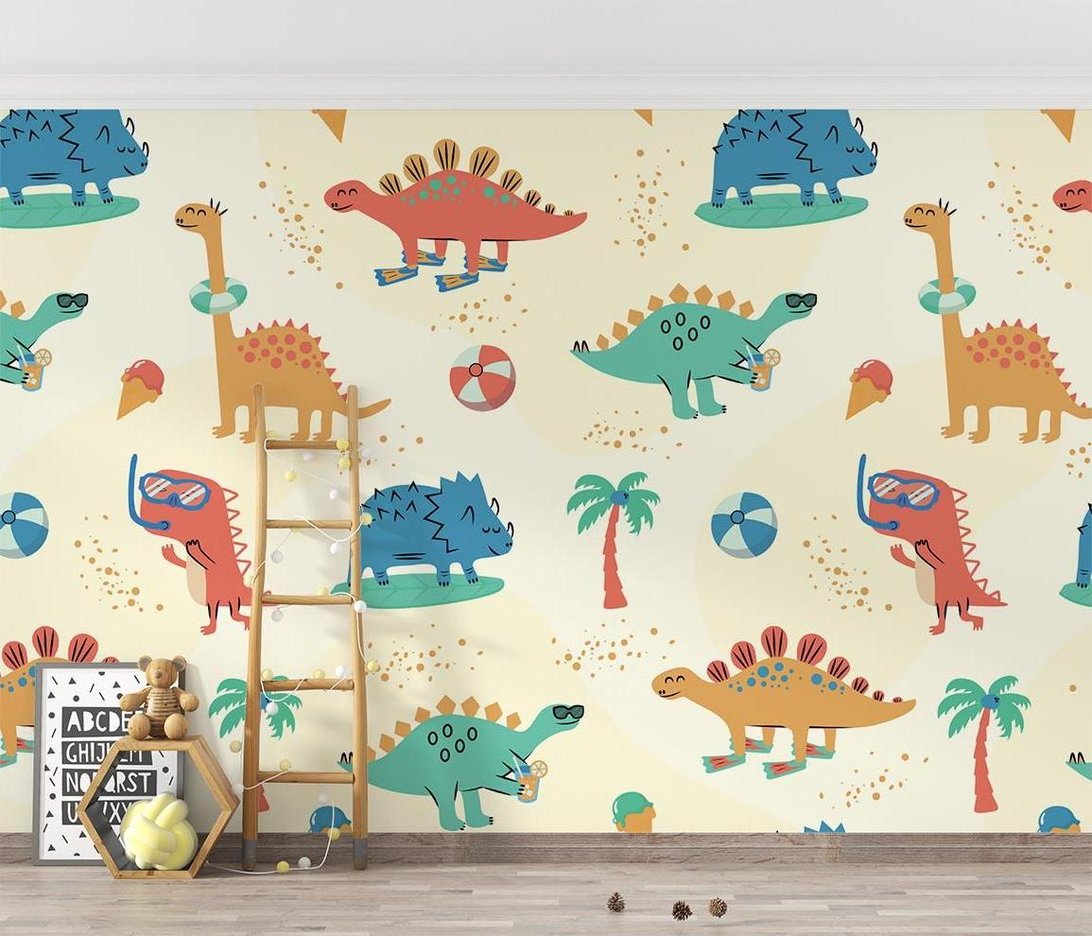 Close-up of summer dinosaur mural wallpaper pattern showing colorful prehistoric creatures with beach accessories