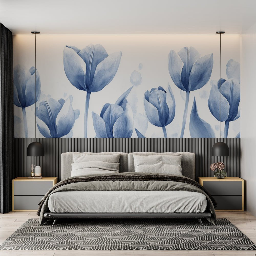 Detailed view of blue tulip watercolor mural wallpaper design