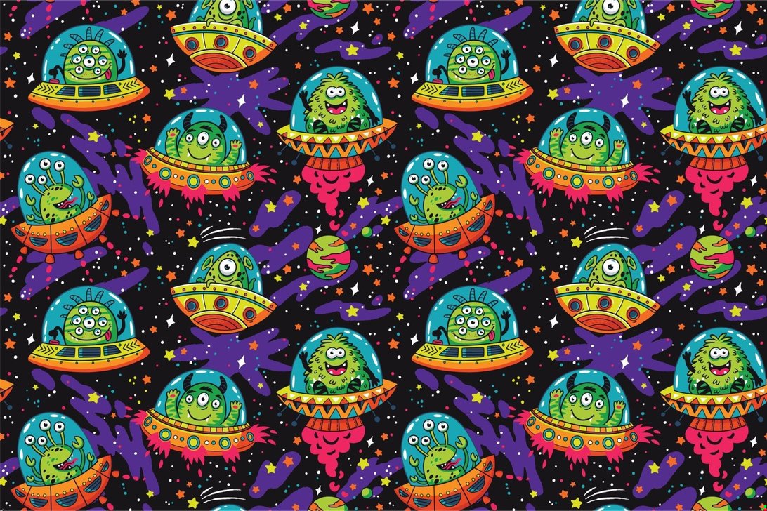 Playful galaxy mural wallpaper with green aliens in UFOs displayed in room setting