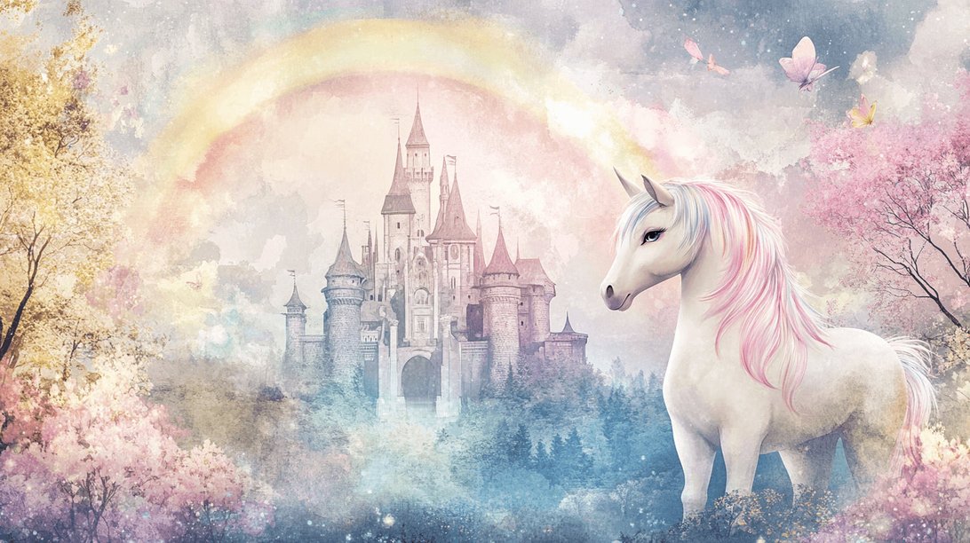 Full room view of magical unicorn castle mural wallpaper design