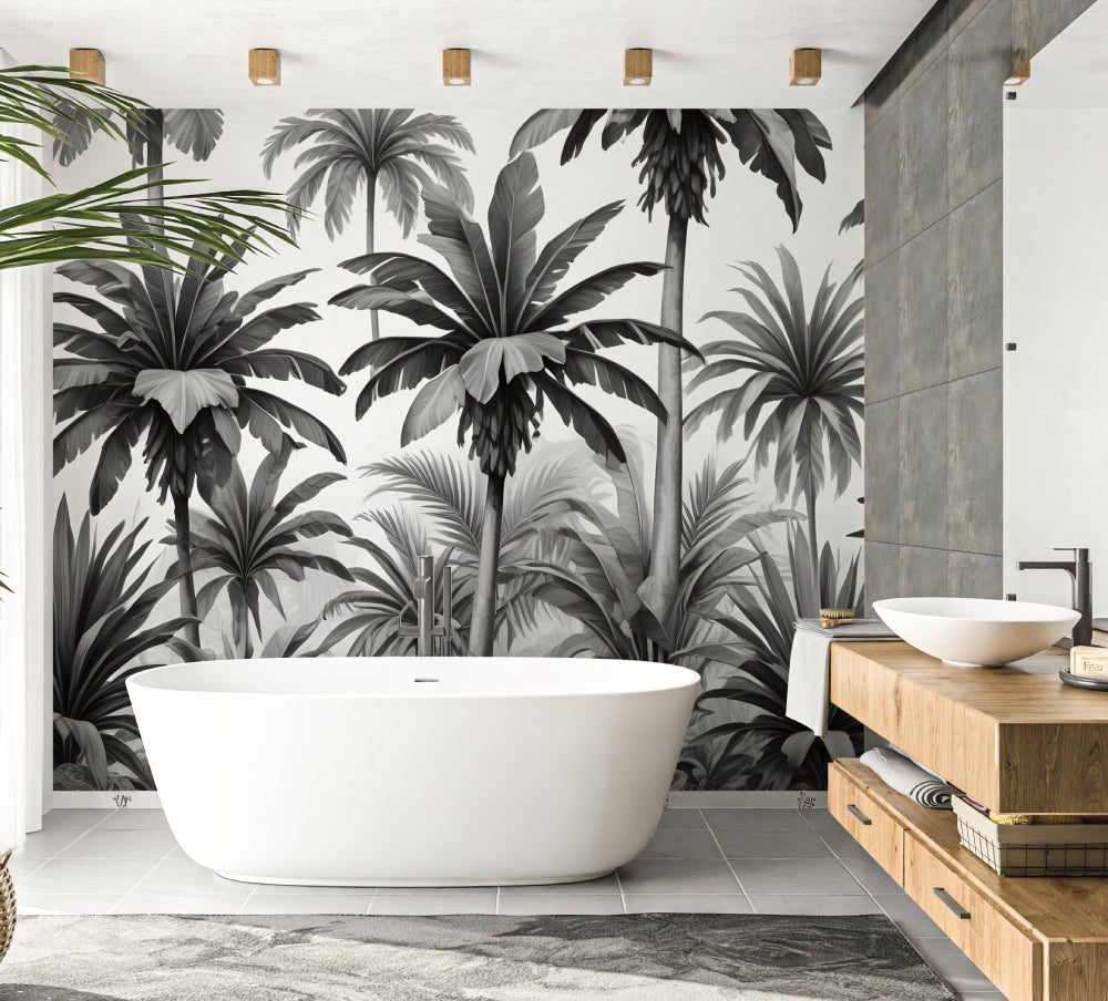 Elegant black and white palm tree mural wallpaper in modern bathroom with freestanding bathtub