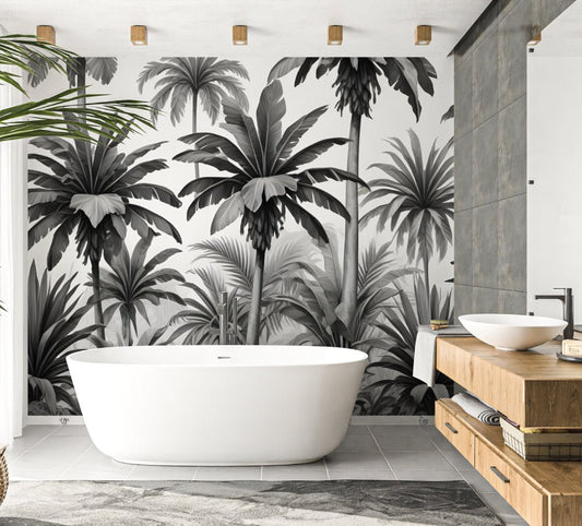 Elegant black and white palm tree mural wallpaper in modern bathroom with freestanding bathtub