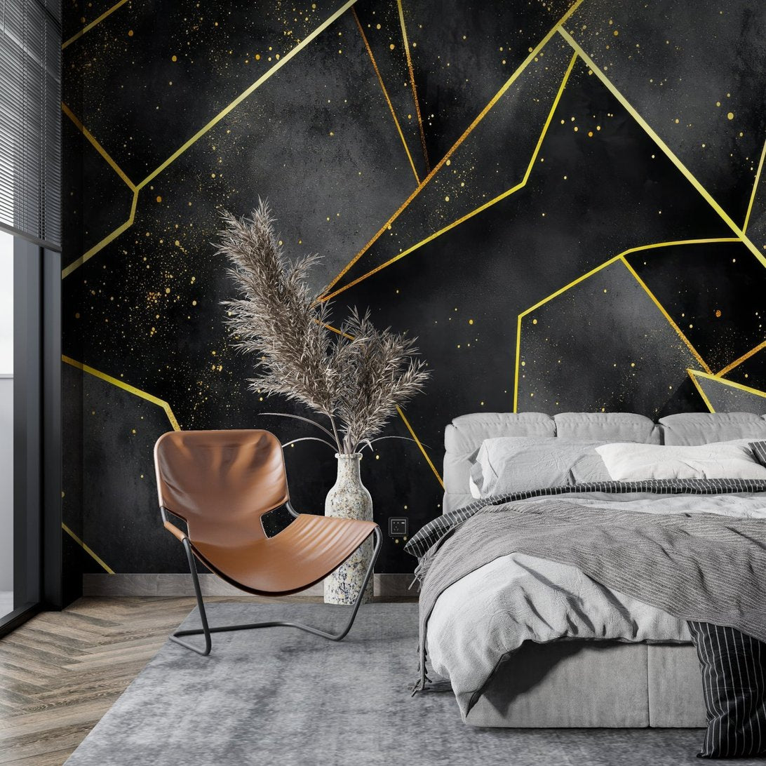 Geometric mural wallpaper installation in minimalist home office