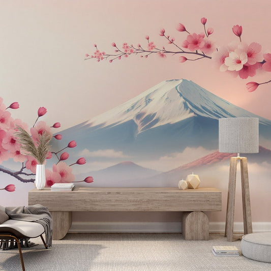 Japanese cherry blossom mural wallpaper with Mount Fuji scene in a modern living room setting