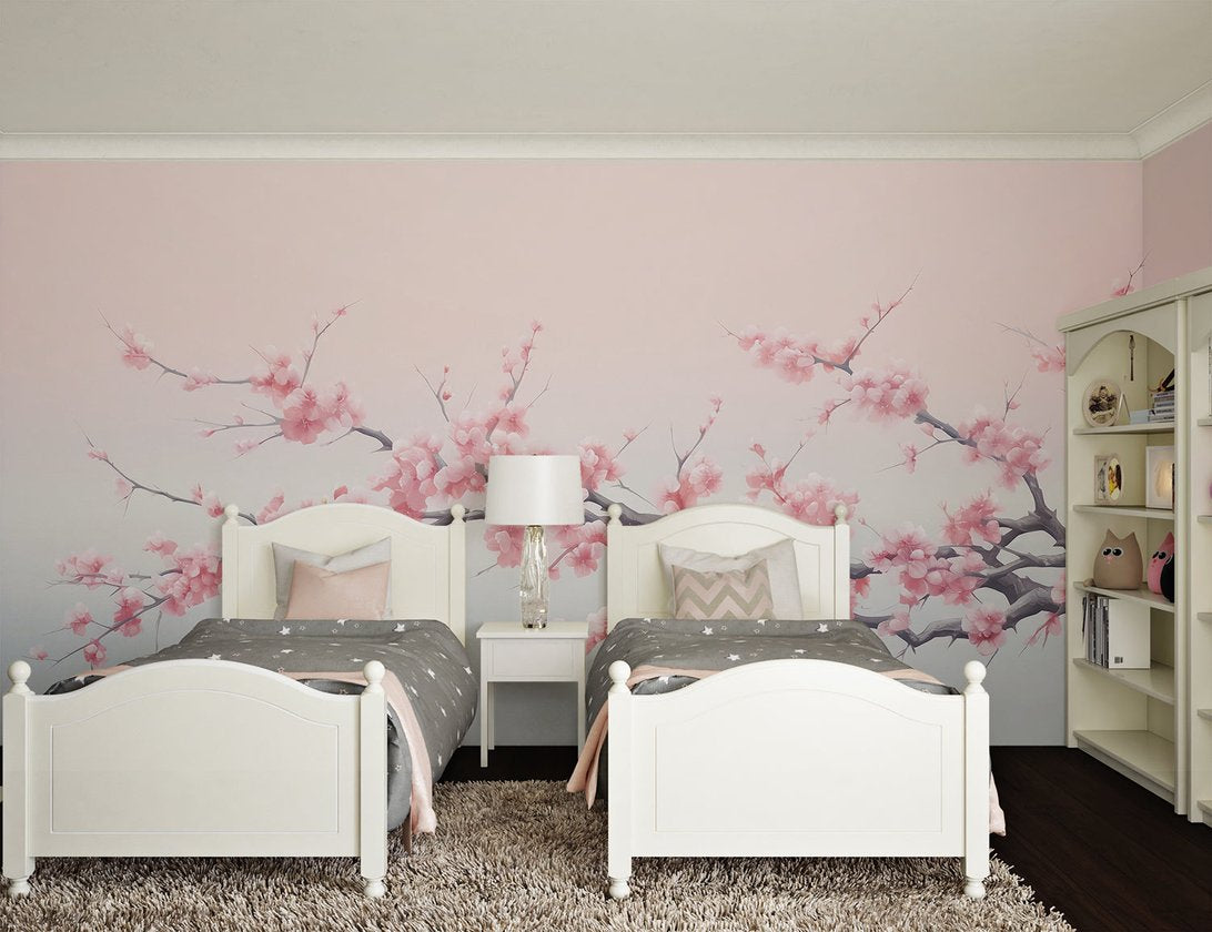 Cherry Blossom wall mural in children's bedroom with twin white beds