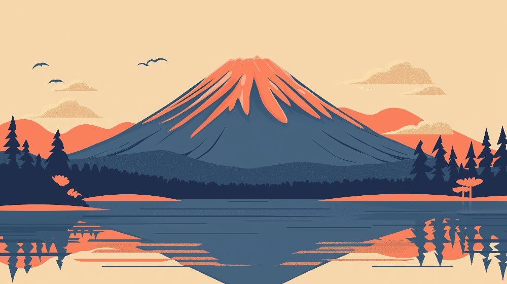 Minimalist Japanese landscape mural wallpaper featuring Mount Fuji with reflection in lake at sunset