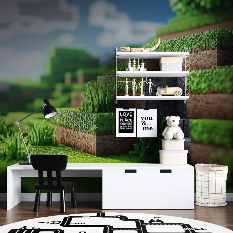 Gaming room setup with Minecraft landscape mural wallpaper and modern furniture