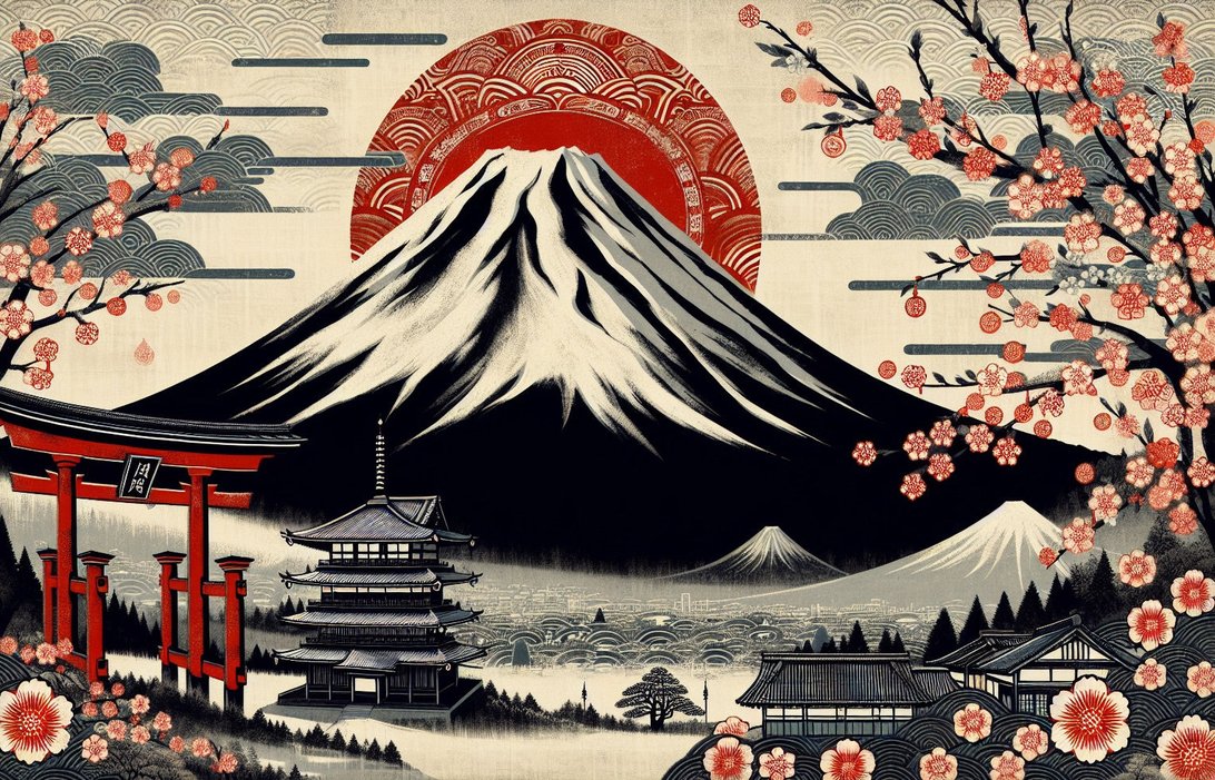 Detailed view of Mount Fuji mural wallpaper with cherry blossoms, torii gates and traditional Japanese temples