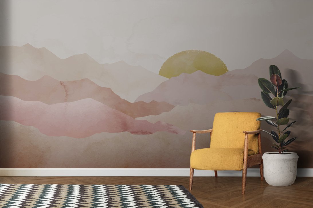 Peaceful mountain landscape mural wallpaper in minimalist interior setting