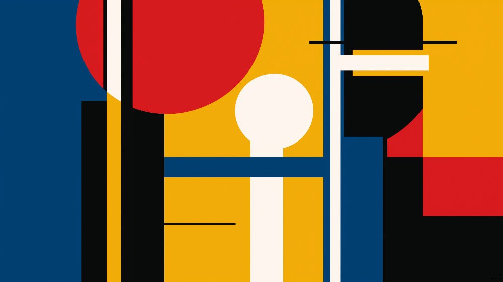 Close-up of Bauhaus-inspired geometric mural wallpaper design featuring red, yellow, and black shapes