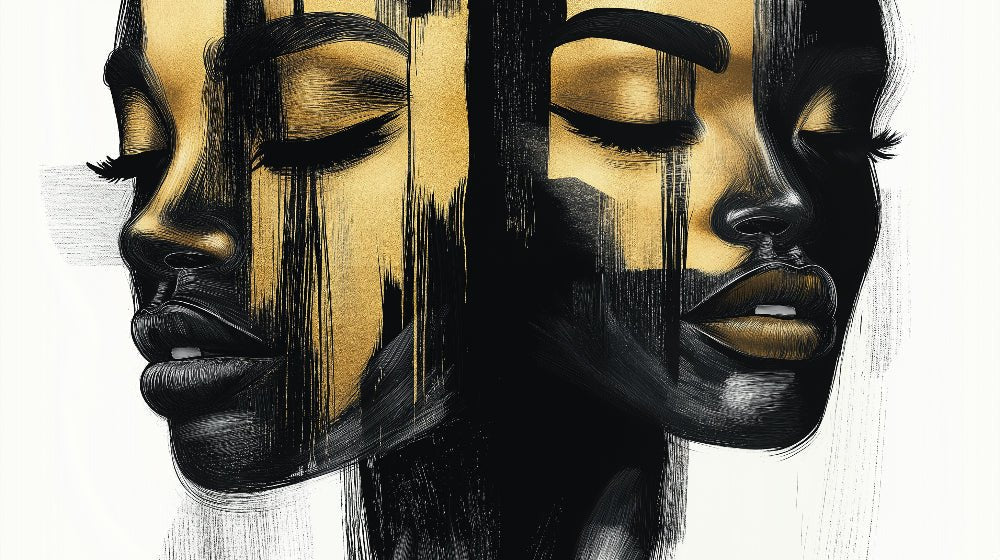 Close-up of black and gold abstract portrait mural wallpaper showing artistic details and textures