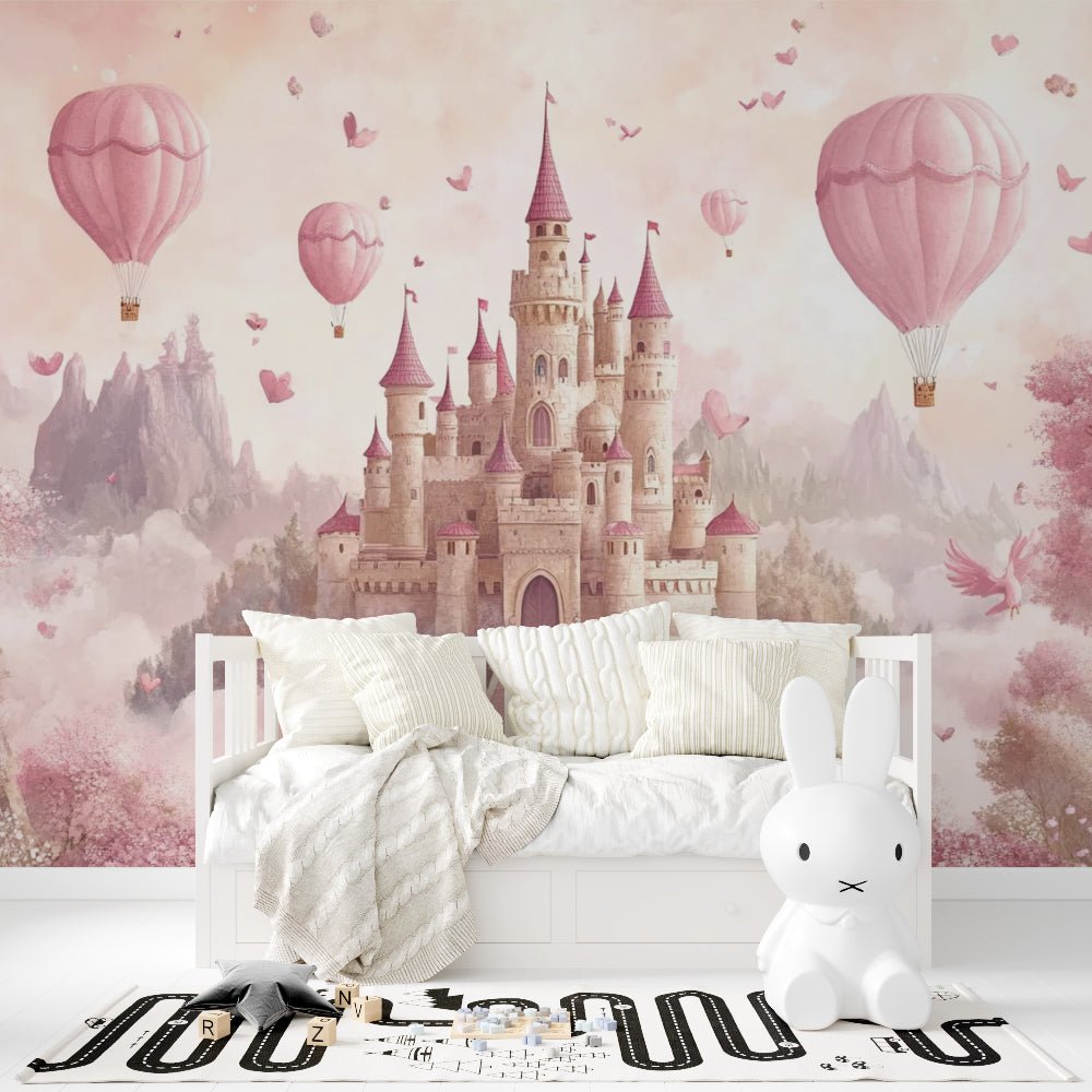 Princess castle wall mural featuring magical pink balloons and heart butterflies