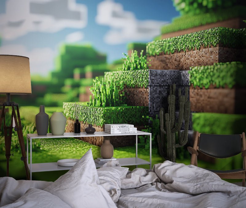 Detailed view of Minecraft mural wallpaper pixelated blocks and terrain