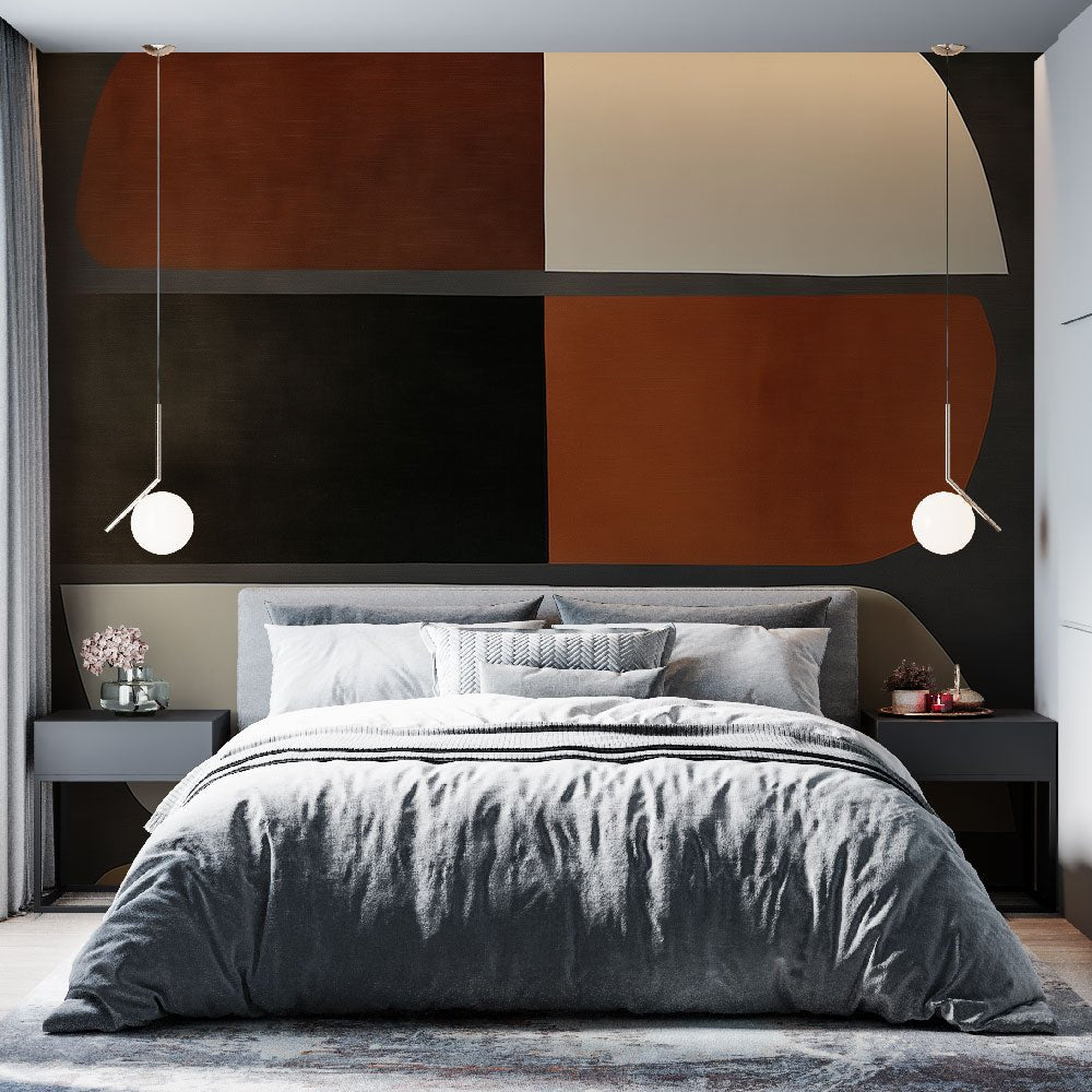 Modern geometric mural wallpaper in terracotta and beige shown in contemporary bedroom setting