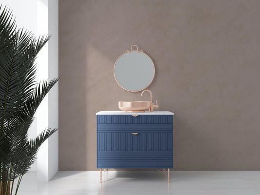 Elegant taupe mural wallpaper with mineral texture in modern bathroom with blue vanity