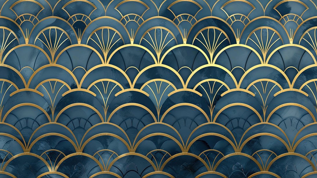 Full-room view of Art Deco geometric wallpaper installation