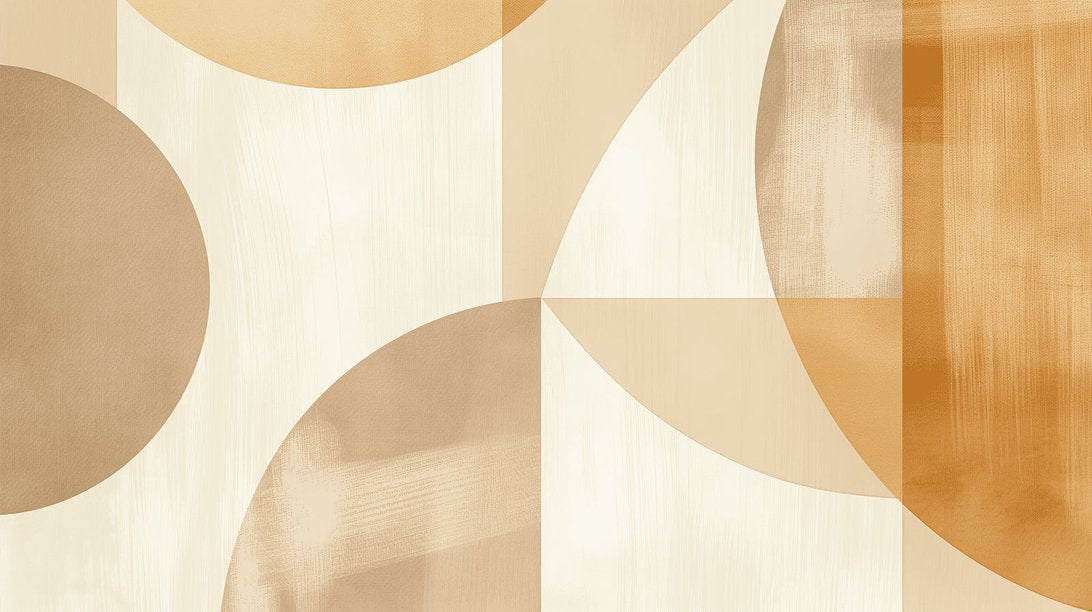 Modern geometric mural wallpaper with curved shapes in beige and gold tones, showing elegant abstract pattern
