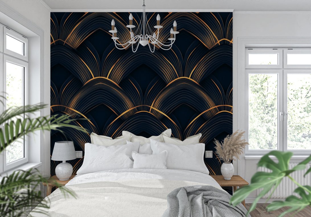 Elegant Art Deco mural wallpaper with chandelier in bright bedroom setting