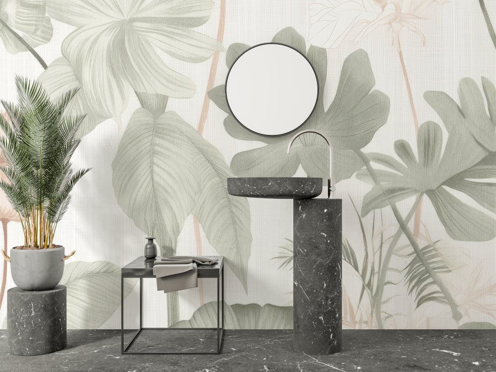 Sage green tropical leaf mural wallpaper with modern bathroom fixtures