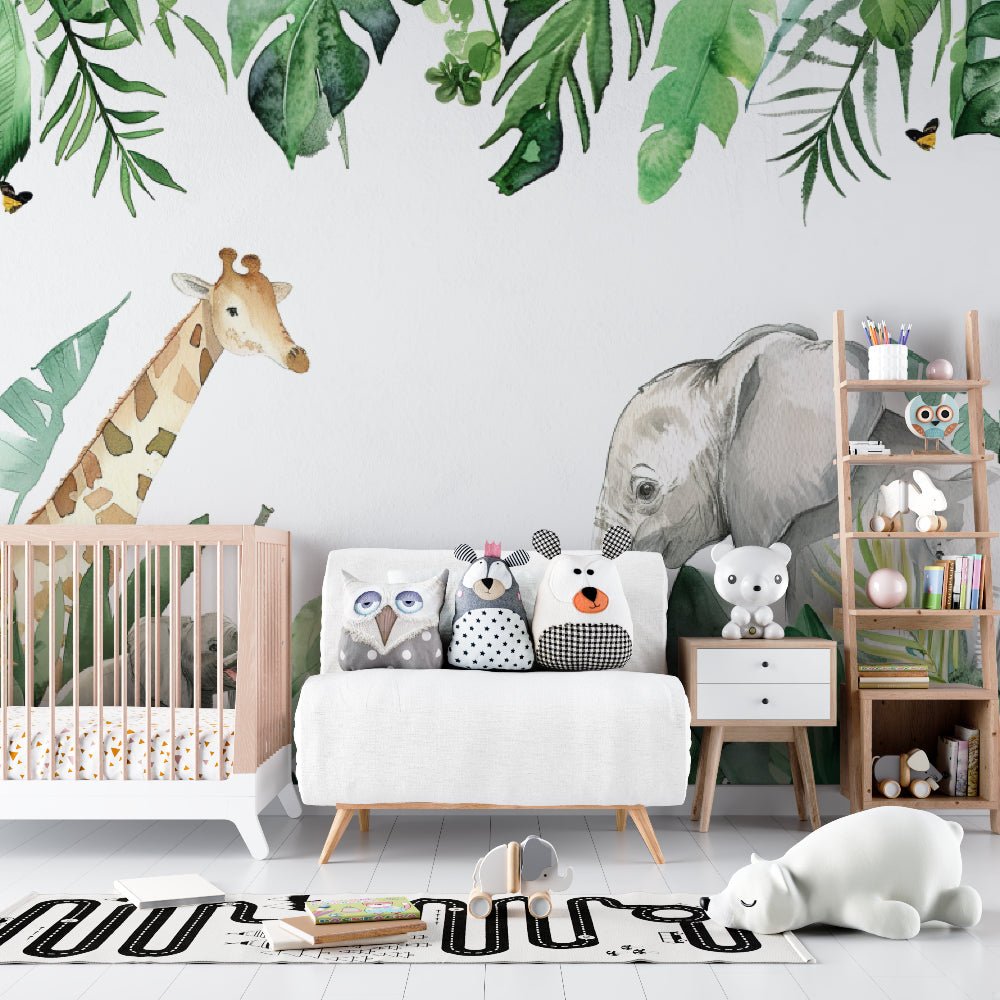 Safari animals nursery mural wallpaper with watercolor elephant and giraffe in modern children's room setting