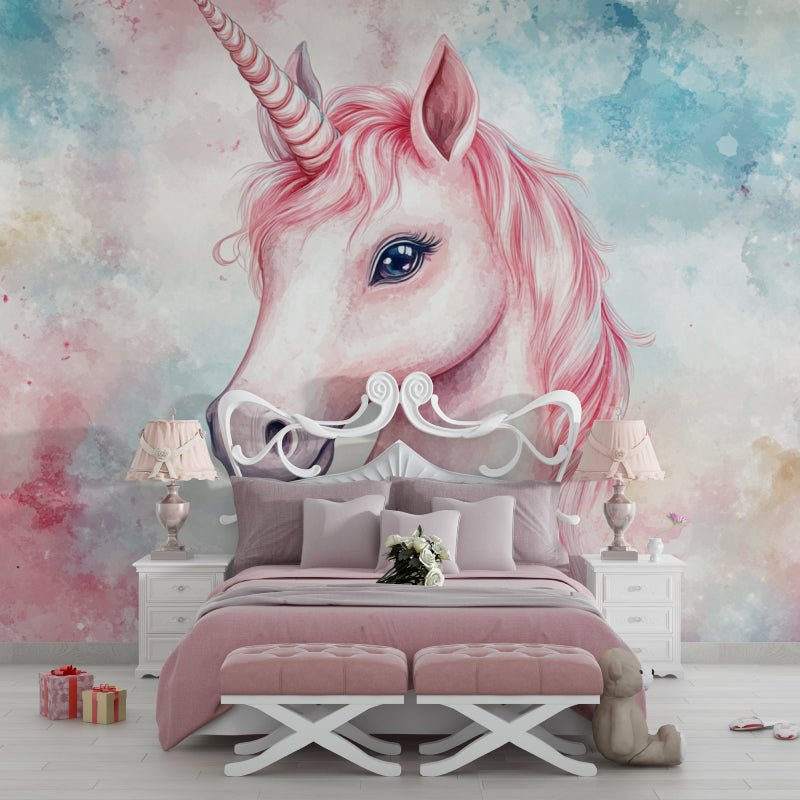 Pink unicorn watercolor mural wallpaper shown in different room settings