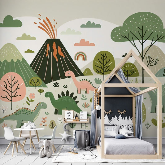Dinosaur mural wallpaper with volcanic landscape and rainbow in a modern nursery setting