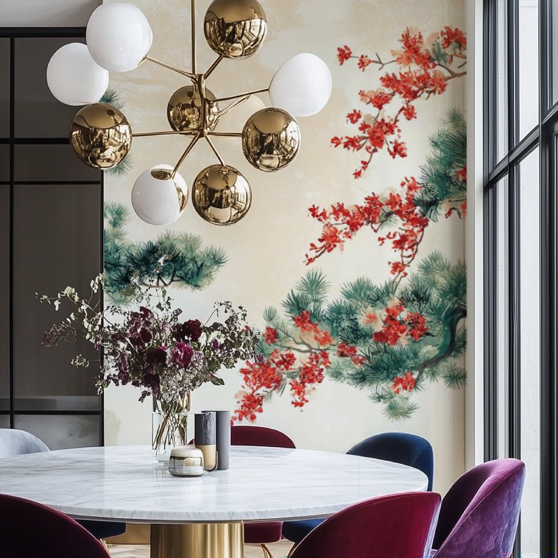 Elegant dining room featuring Japanese pine and cherry blossom mural wallpaper with modern chandelier