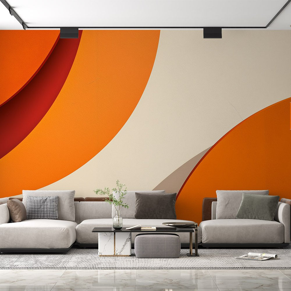 Modern abstract mural wallpaper with orange and terracotta curves in contemporary living room setting