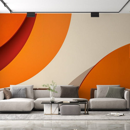 Modern abstract mural wallpaper with orange and terracotta curves in contemporary living room setting