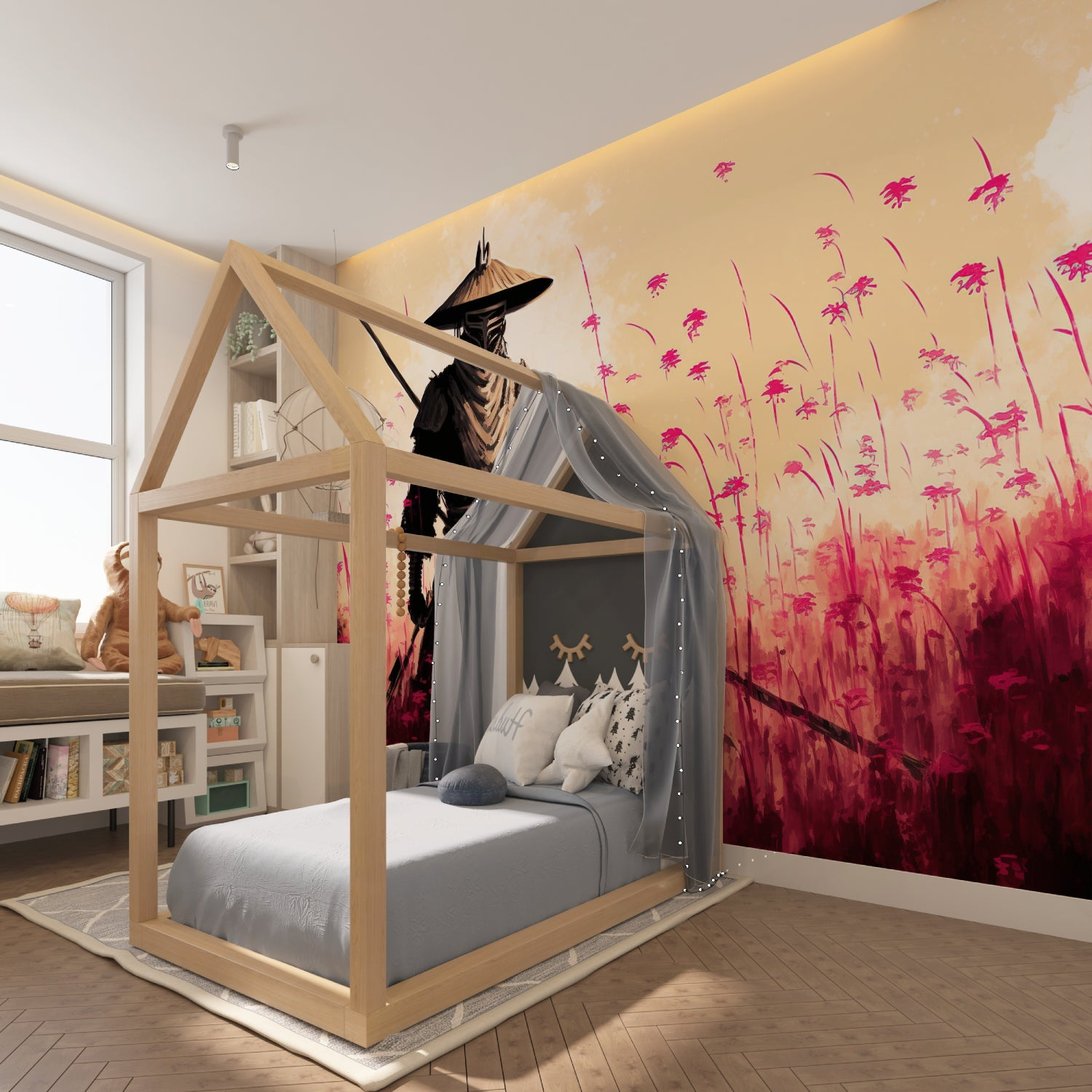 Japanese themed mural wallpaper installation in modern room setting