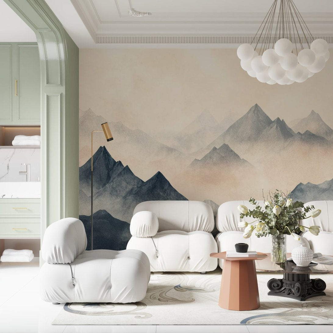 Misty peaks mural wallpaper in contemporary bedroom setting