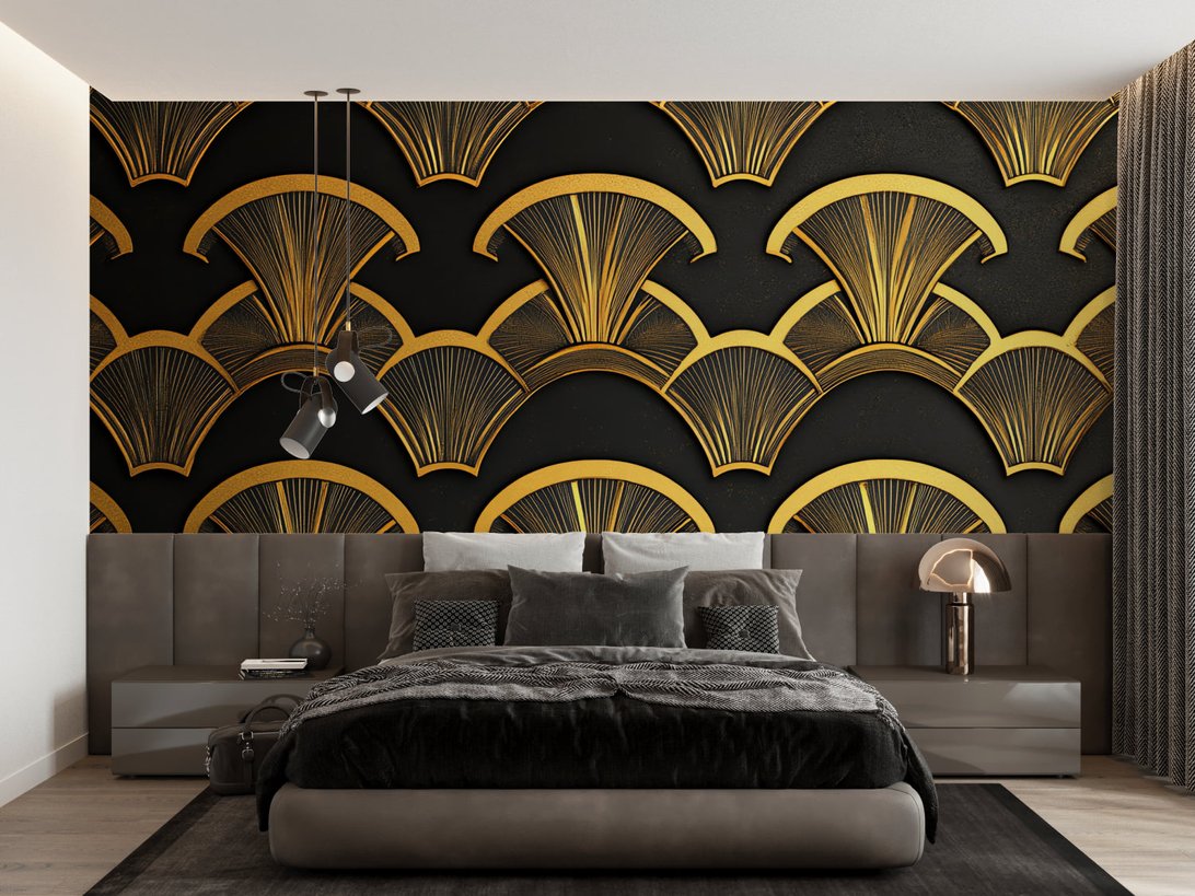 Art Deco black and gold fan pattern mural wallpaper in modern bedroom setting