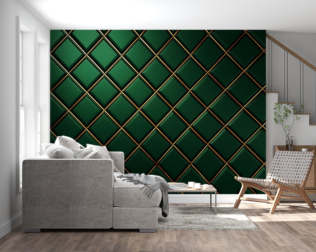 Emerald green and gold geometric diamond mural wallpaper in modern living room setting