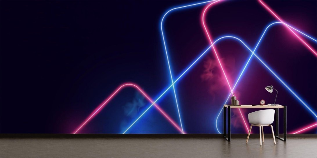 Stunning neon lines geometric pattern mural wallpaper in modern interior